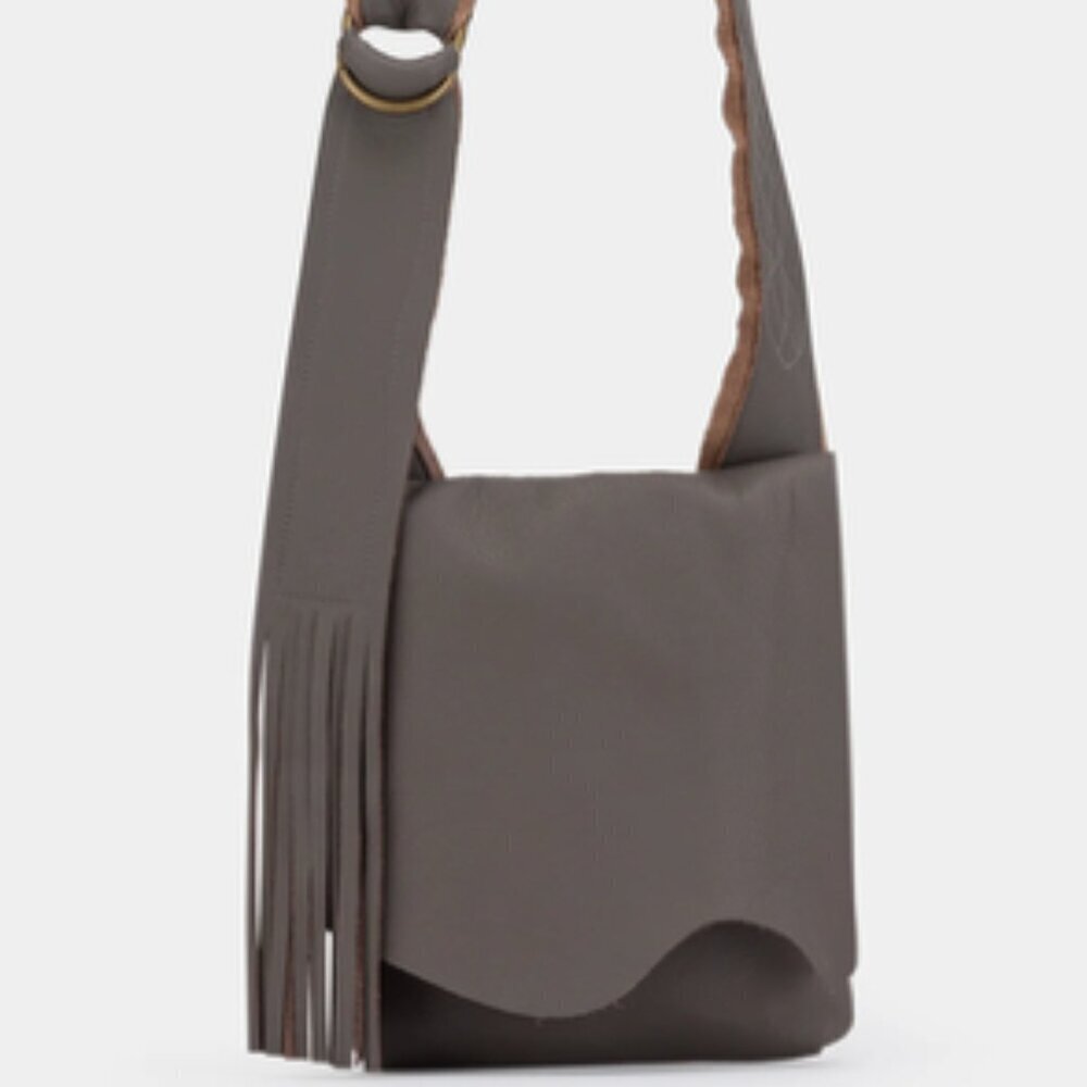 MOLLY G Wanderer Fringe Leather Crossbody Bag Taupe Gray